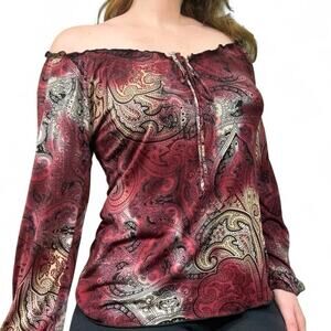 Vintage Y2K Boat Neck Paisley Tie Top Fits L Fairy Grunge Whimsigoth Vampy